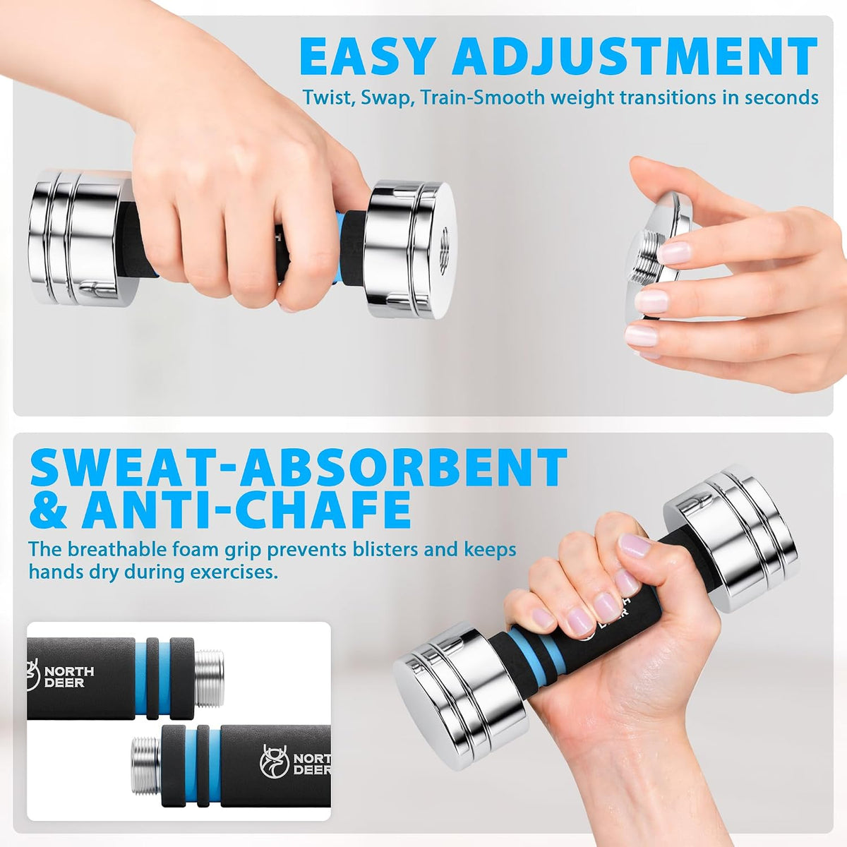 Steel Adjustable Dumbbells with Foam Handles — Home Gym Weights (5–50 lb, Choice of Size)