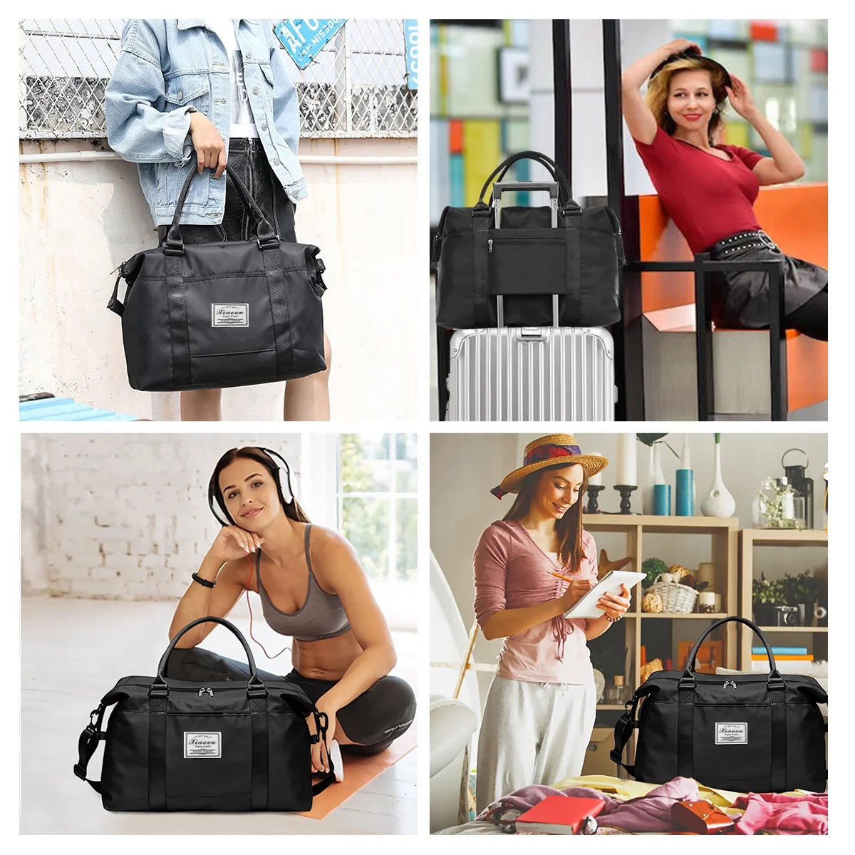 37L Travel Duffle Bag, Waterproof Weekender Carry on Tote Bags for Women, Sport Gym Bag for Men, Hospital Bag for Labor and Delivery, Overnight Luggage Bag with Trolley Sleeve Coral, Black